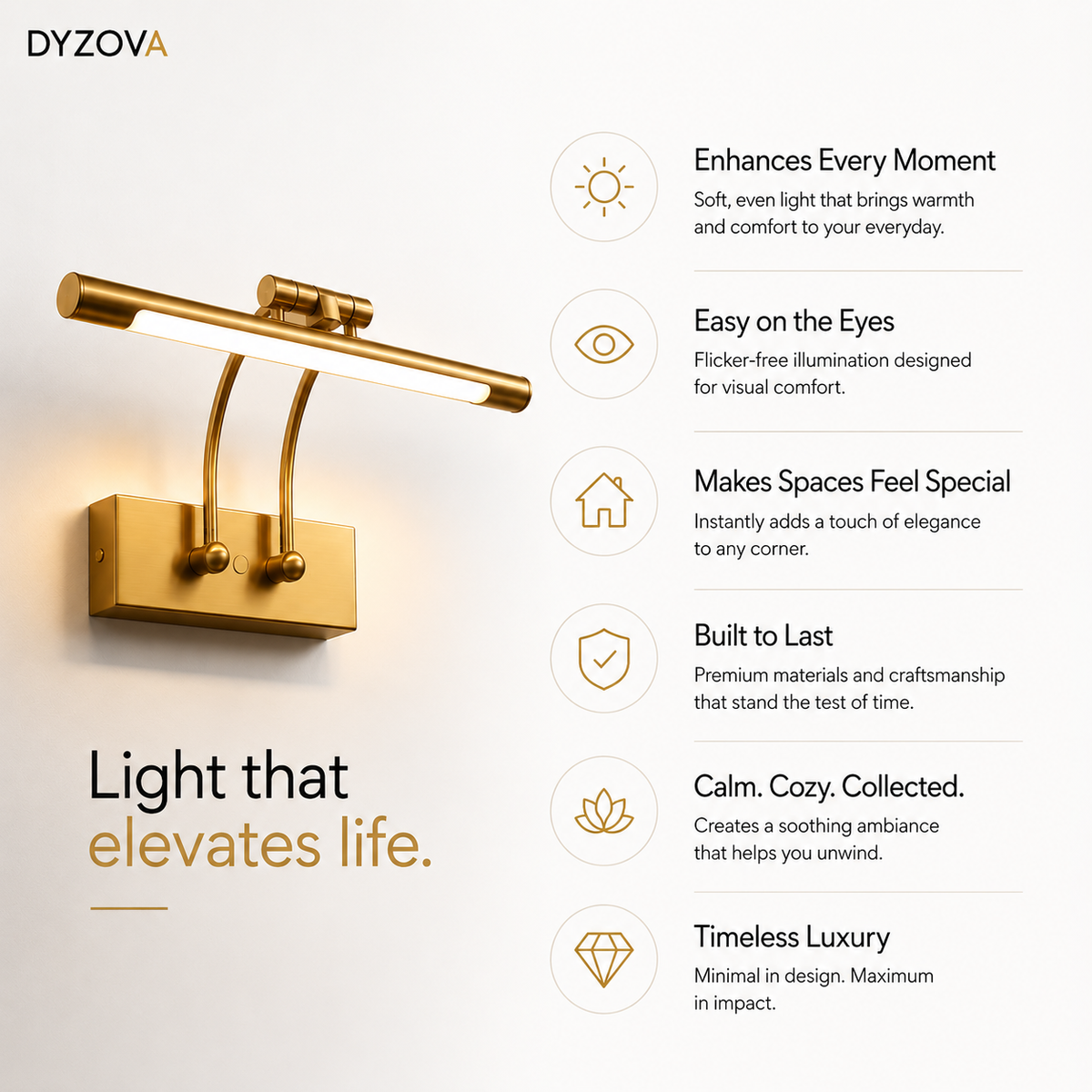 Gold wall-mounted adjustable light fixture with a horizontal bar and two curved arms, shown on a white background with marketing text and feature icons on the right. Brand name DYZOVA is visible at the top left.