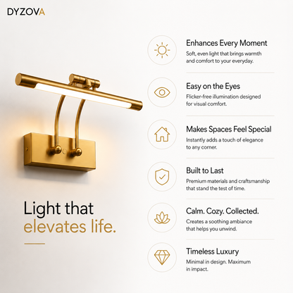 Gold wall-mounted adjustable light fixture with a horizontal bar and two curved arms, shown on a white background with marketing text and feature icons on the right. Brand name DYZOVA is visible at the top left.