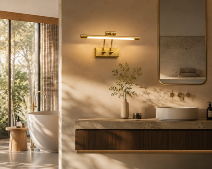 A modern wall-mounted linear light fixture with a gold finish and adjustable dual-arm design, shown illuminated in a warm bathroom setting above a vanity.
