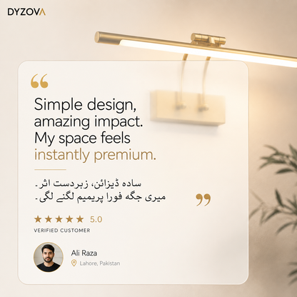 A promotional graphic with a large cream card showing a glowing gold wall lamp and a quote in English and Urdu, plus a 5-star rating and the DYZOVA brand at the top. The scene is softly lit and styled with a blurred plant in the background.