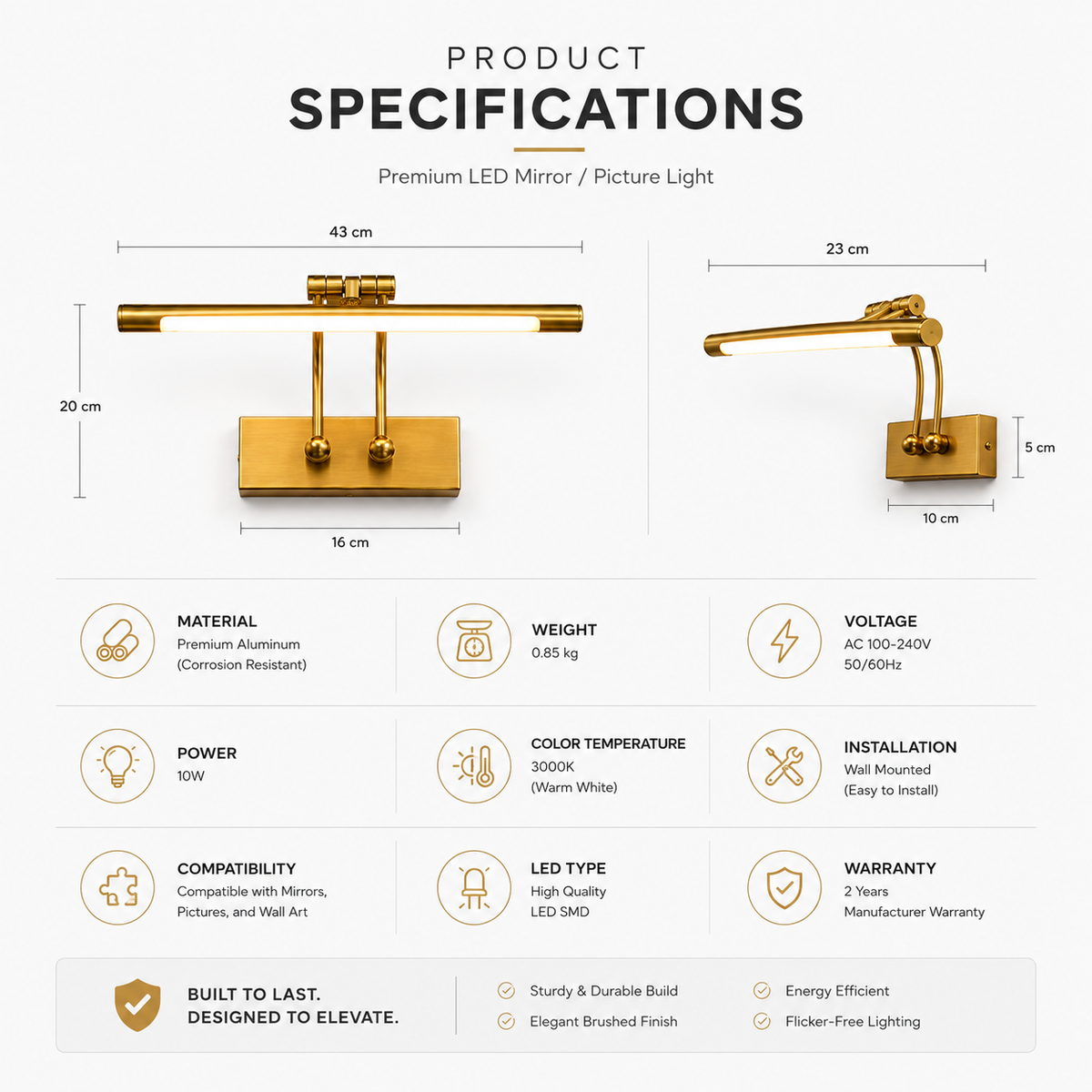 Product specifications infographic for a gold LED mirror or picture light, showing two views of the fixture with dimensions and a grid of features including material, weight, voltage, and compatibility.