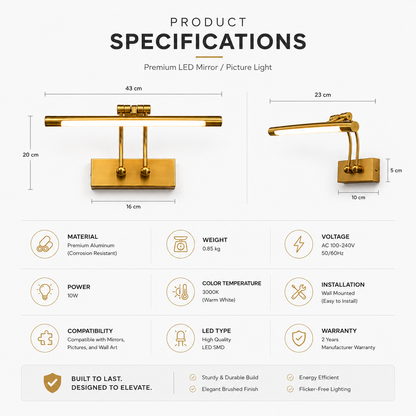 Product specifications infographic for a gold LED mirror or picture light, showing two views of the fixture with dimensions and a grid of features including material, weight, voltage, and compatibility.