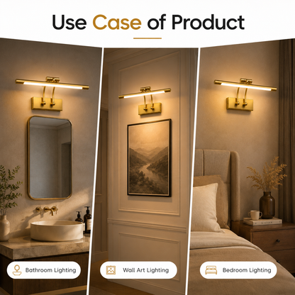 A three-panel promotional graphic showing a wall-mounted linear light fixture in different real-world settings: a bathroom with a mirror and sink, wall art lighting above framed art, and a bedroom above a bed. The top text reads 'Use Case of Product' and the bottom labels indicate Bathroom Lighting, Wall Art Lighting, and Bedroom Lighting.