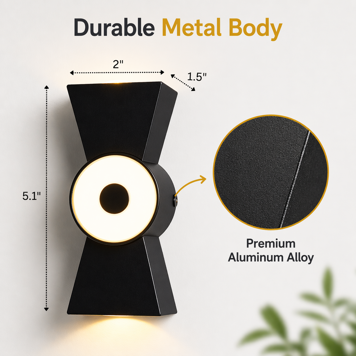 Wall-mounted light fixture with durability features highlighted on a white background