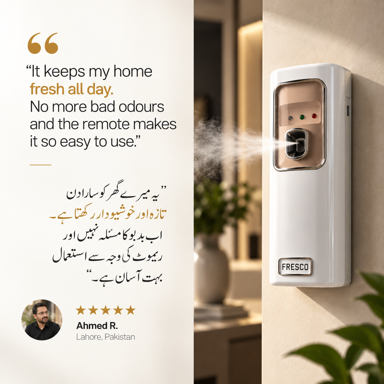 FRESCO Automatic Perfume Dispenser | Remote Control | Adjustable Spray | 20–40m² Coverage