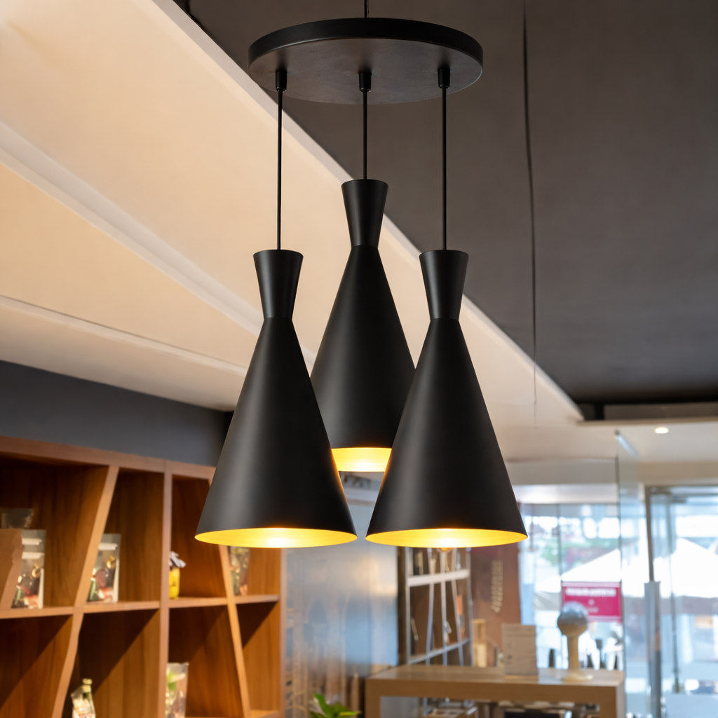Three black pendant lights hanging in a modern interior setting.