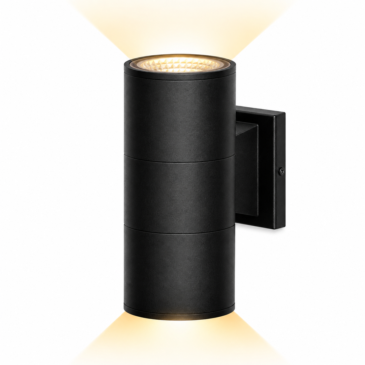 A modern black cylindrical outdoor wall light with a warm yellow glow emanating from the top and bottom, shown against a solid white background.