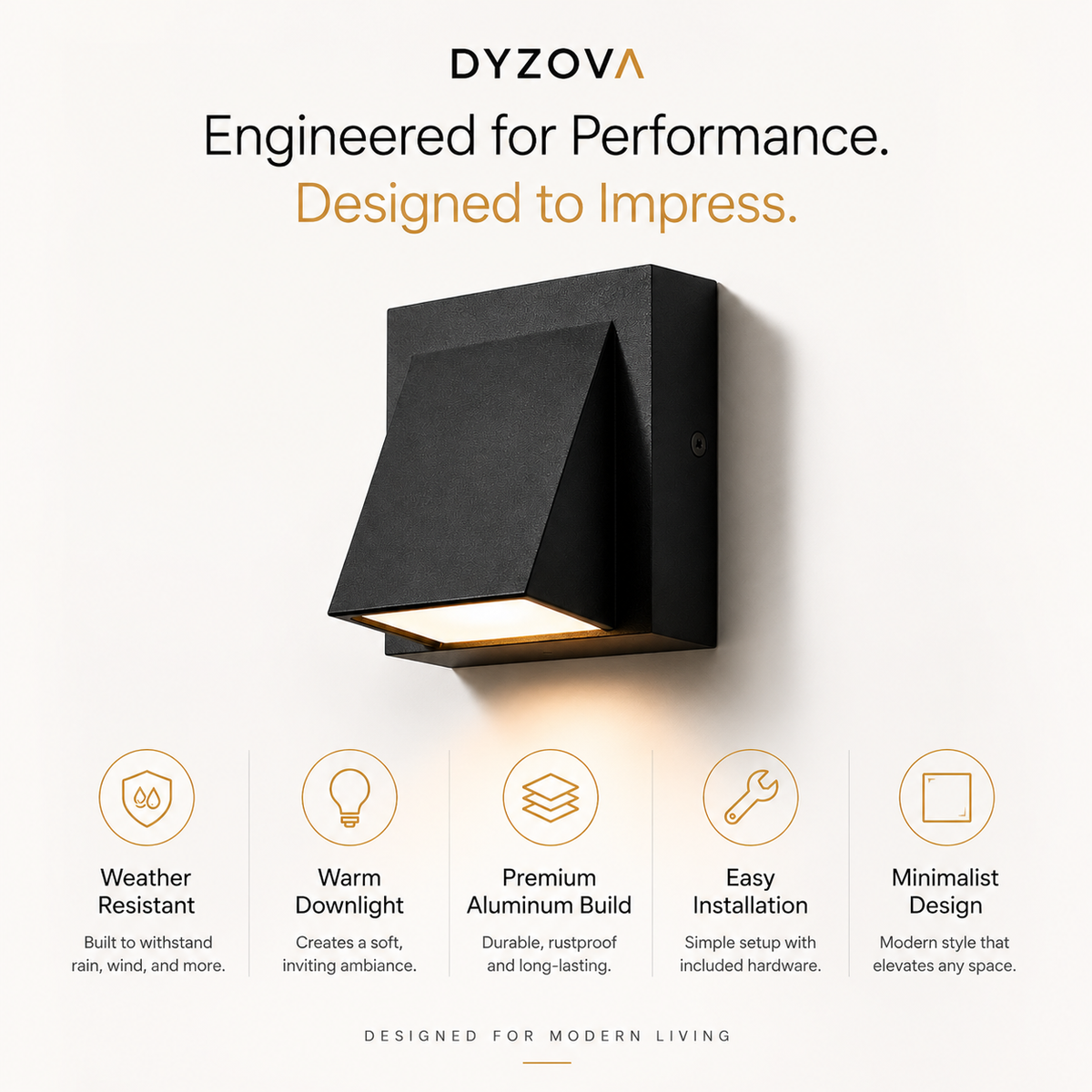 Dyzova modern wall sconce in matte black, shown mounted on a light beige wall with warm light glow. The image includes marketing text at the top and feature icons at the bottom describing weather resistance, warm downlight, premium aluminum build, easy installation, and minimalist design.