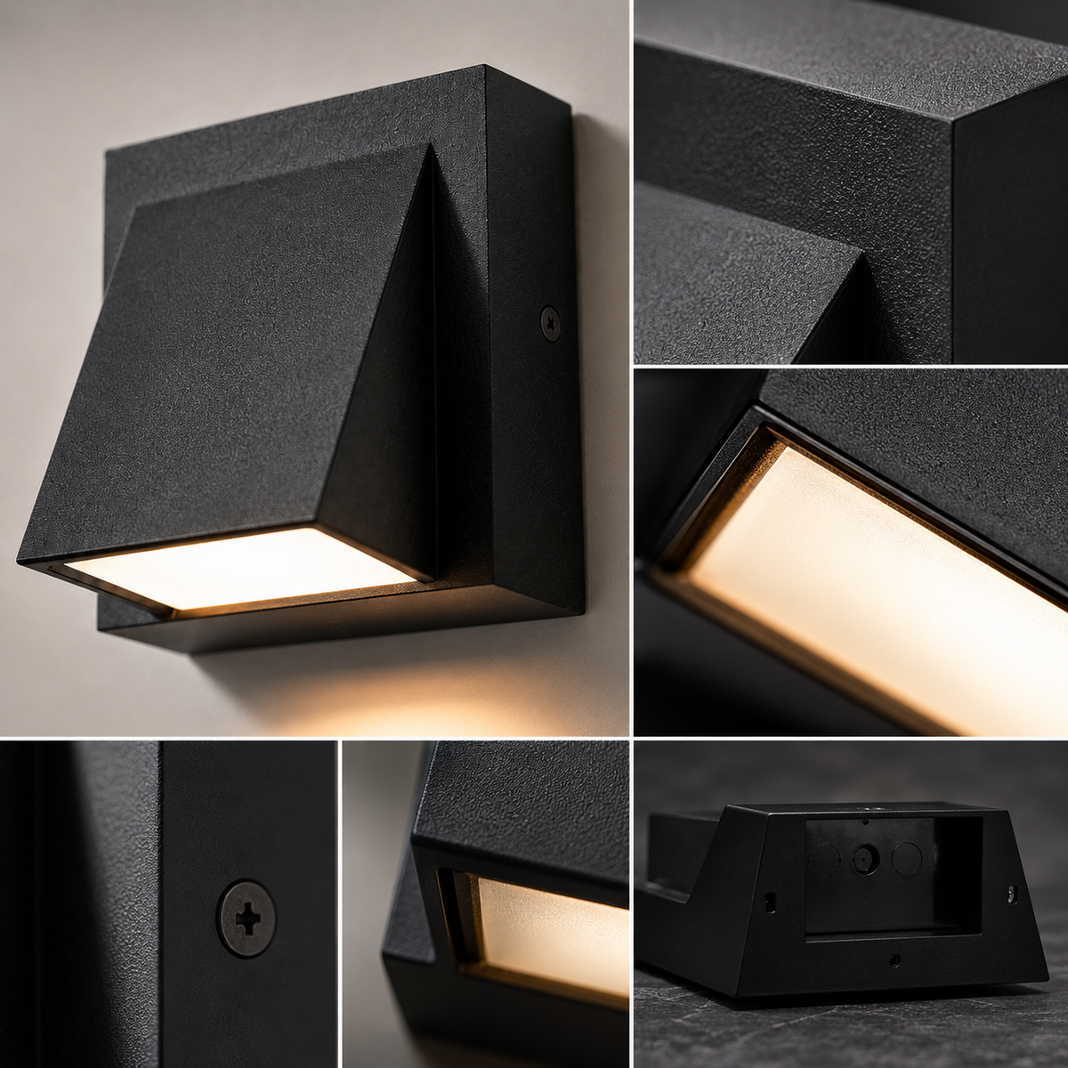 A 5-panel collage showing a modern black textured wall-mounted outdoor light fixture from multiple angles, including the illuminated side, close-up details, and the back mounting cavity.
