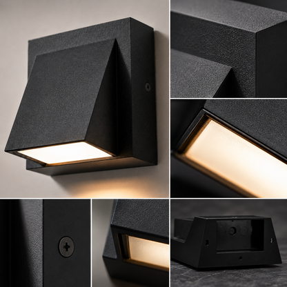 A 5-panel collage showing a modern black textured wall-mounted outdoor light fixture from multiple angles, including the illuminated side, close-up details, and the back mounting cavity.