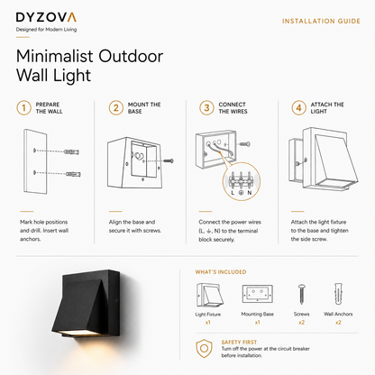 Installation guide graphic for the DYZOVA Minimalist Outdoor Wall Light, showing four illustrated steps for mounting, wiring, and attaching the light fixture, plus a small included-items and safety note section on a white background.