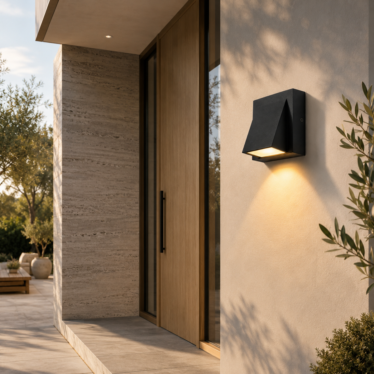 A modern black geometric outdoor wall sconce mounted on a beige stucco wall next to a wooden door, casting a warm yellow light downward in an outdoor patio setting.