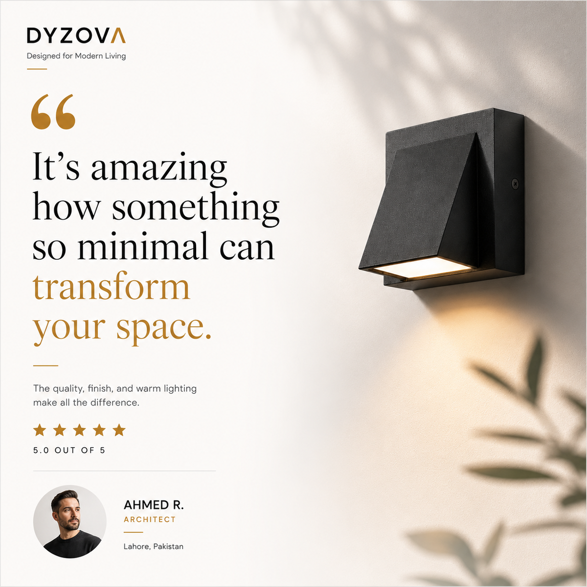 A promotional graphic for the DYZOVA wall light, featuring a black geometric outdoor sconce mounted on a wall with warm light casting soft shadows. The left side contains marketing text, a five-star rating, and an architect's profile photo.