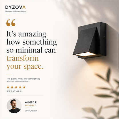 A promotional graphic for the DYZOVA wall light, featuring a black geometric outdoor sconce mounted on a wall with warm light casting soft shadows. The left side contains marketing text, a five-star rating, and an architect's profile photo.
