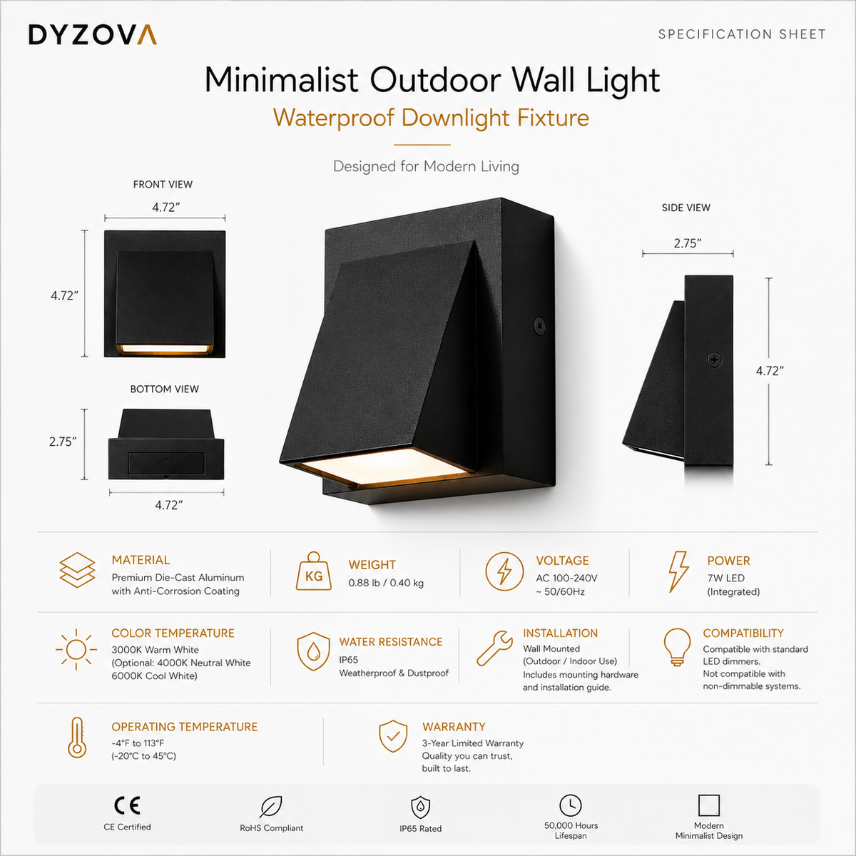 Specification sheet for the DYZOVA Minimalist Outdoor Wall Light Waterproof Downlight Fixture, showing front, bottom, side, and dimension views with feature icons and technical details on a white background.