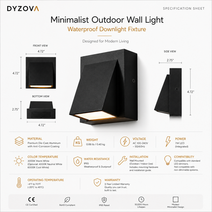 Specification sheet for the DYZOVA Minimalist Outdoor Wall Light Waterproof Downlight Fixture, showing front, bottom, side, and dimension views with feature icons and technical details on a white background.