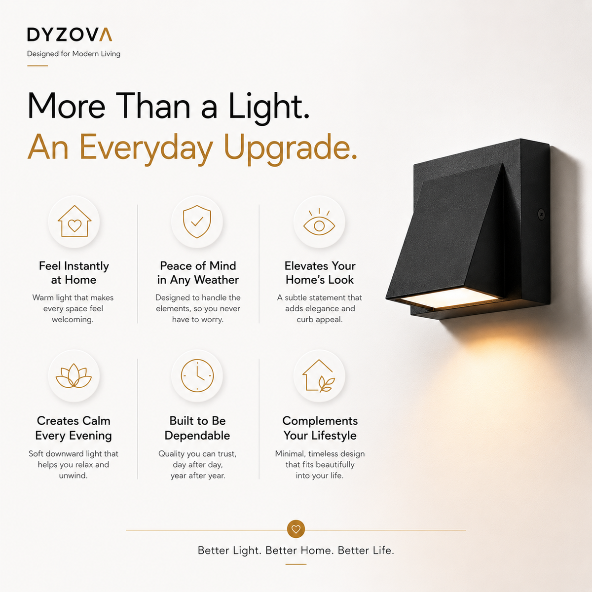 A promotional graphic for the DYZOVA wall light, showing a black rectangular outdoor-style sconce mounted on a beige wall and casting a warm light downward. The left side contains marketing text and six benefit icons: Feel Instantly at Home, Peace of Mind in Any Weather, Elevates Your Home's Look, Creates Calm Every Evening, Built to Be Dependable, and Complements Your Lifestyle.