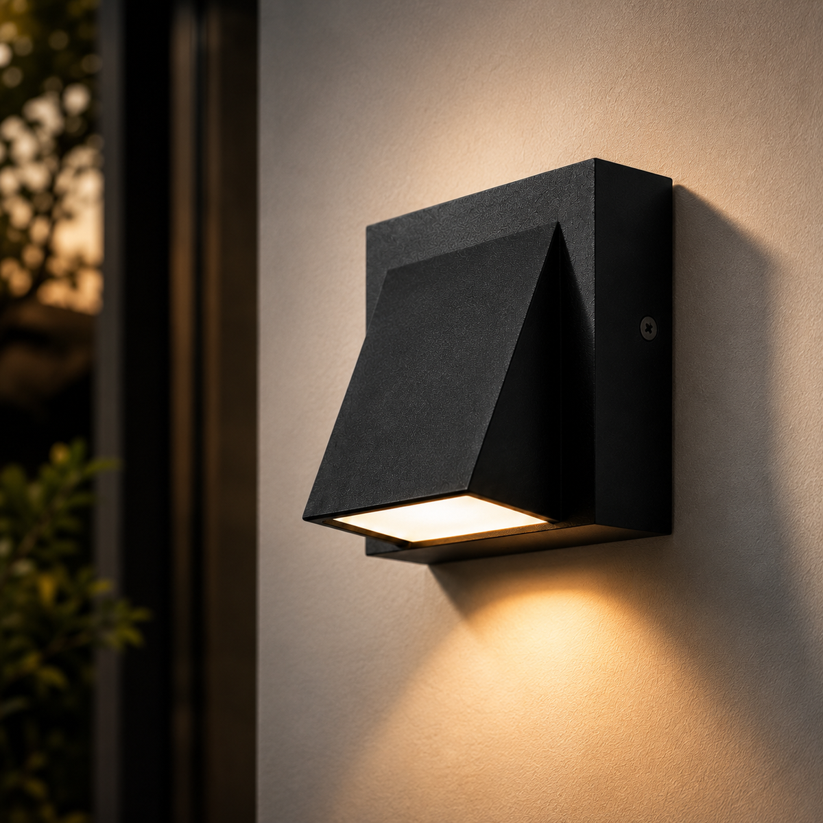A modern black outdoor wall sconce with a geometric triangular shade, mounted on a textured beige wall and casting a warm light downward.