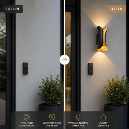Before-and-after comparison of a modern black outdoor wall sconce light. The left 'BEFORE' side shows the light off against a neutral wall next to a door and potted plant.