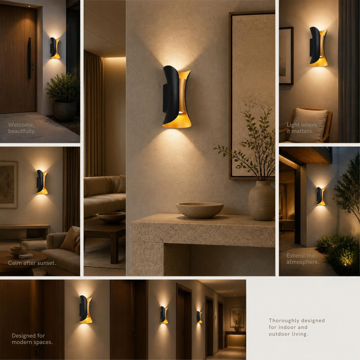 A collage of interior scenes showing a curved wall sconce light fixture mounted on walls above a console table, hallway, and living room. The fixture has a matte black outer body with a warm yellow-gold illuminated interior, casting soft light downward.