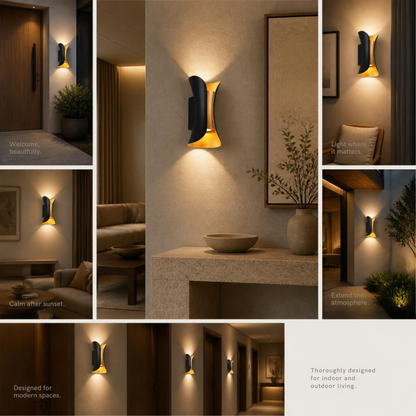 A collage of interior scenes showing a curved wall sconce light fixture mounted on walls above a console table, hallway, and living room. The fixture has a matte black outer body with a warm yellow-gold illuminated interior, casting soft light downward.