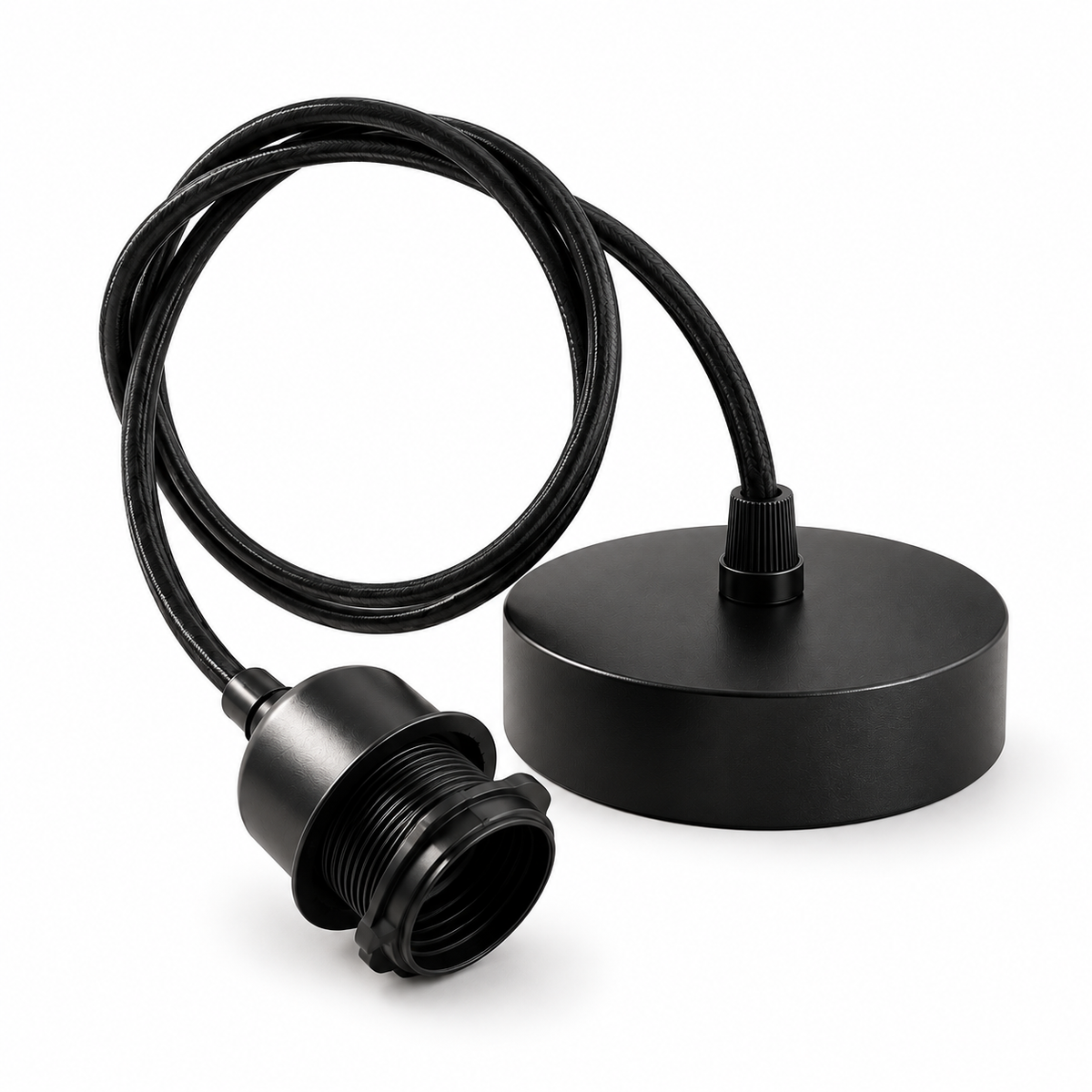 A black round ceiling light fixture with a coiled black cord and a threaded magnetic socket, shown on a clean white background.