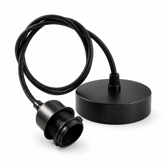 A black round ceiling light fixture with a coiled black cord and a threaded magnetic socket, shown on a clean white background.