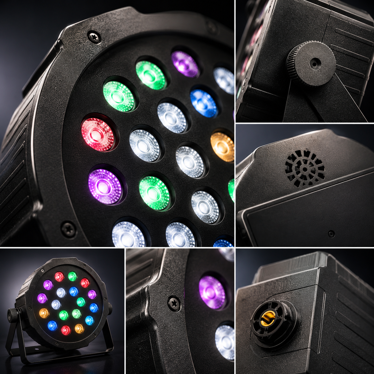 A collage of close-up product views of a black LED stage light fixture, showing the front face with multiple colored illuminated lenses, side details, a ventilation grille, and the stand/base.