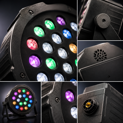 A collage of close-up product views of a black LED stage light fixture, showing the front face with multiple colored illuminated lenses, side details, a ventilation grille, and the stand/base.