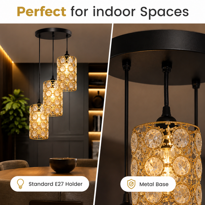 A three-light cylinder pendant chandelier with a black metal frame and clear faceted crystal discs, shown lit in a modern dining room setting and in a close-up detail view. Text overlays mention 'Perfect for indoor Spaces' and label the holder options.