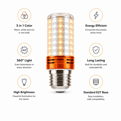 3-in-1 Tricolor E27 LED Corn Bulb | Warm White, Cool White & Mixed