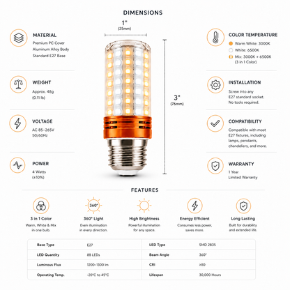 3-in-1 Tricolor E27 LED Corn Bulb | Warm White, Cool White & Mixed