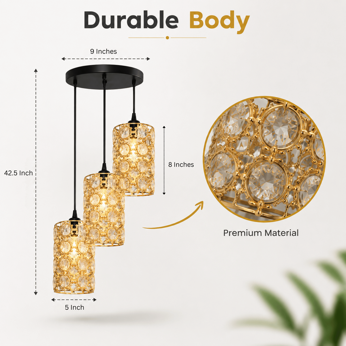 Three-tier gold and crystal pendant light fixture with dimension annotations showing 42.5-inch height, 9-inch canopy width, 8-inch shade width, and 5-inch shade depth, alongside a circular close-up of the crystal material.