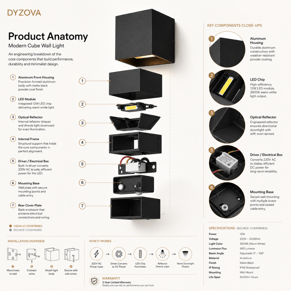 An infographic diagram titled 'Product Anatomy' showing the DYZOVA Modern Cube Wall Light with numbered callouts pointing to its components, including aluminum housing, LED module, optical reflector, internal frame, drive/electrical box, mounting base, and rear cover plate. It includes a small installation diagram and specifications on a white background.