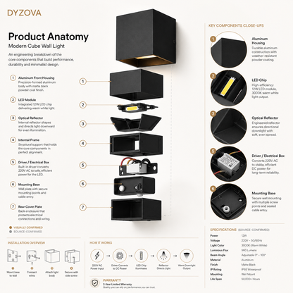 An infographic diagram titled 'Product Anatomy' showing the DYZOVA Modern Cube Wall Light with numbered callouts pointing to its components, including aluminum housing, LED module, optical reflector, internal frame, drive/electrical box, mounting base, and rear cover plate. It includes a small installation diagram and specifications on a white background.
