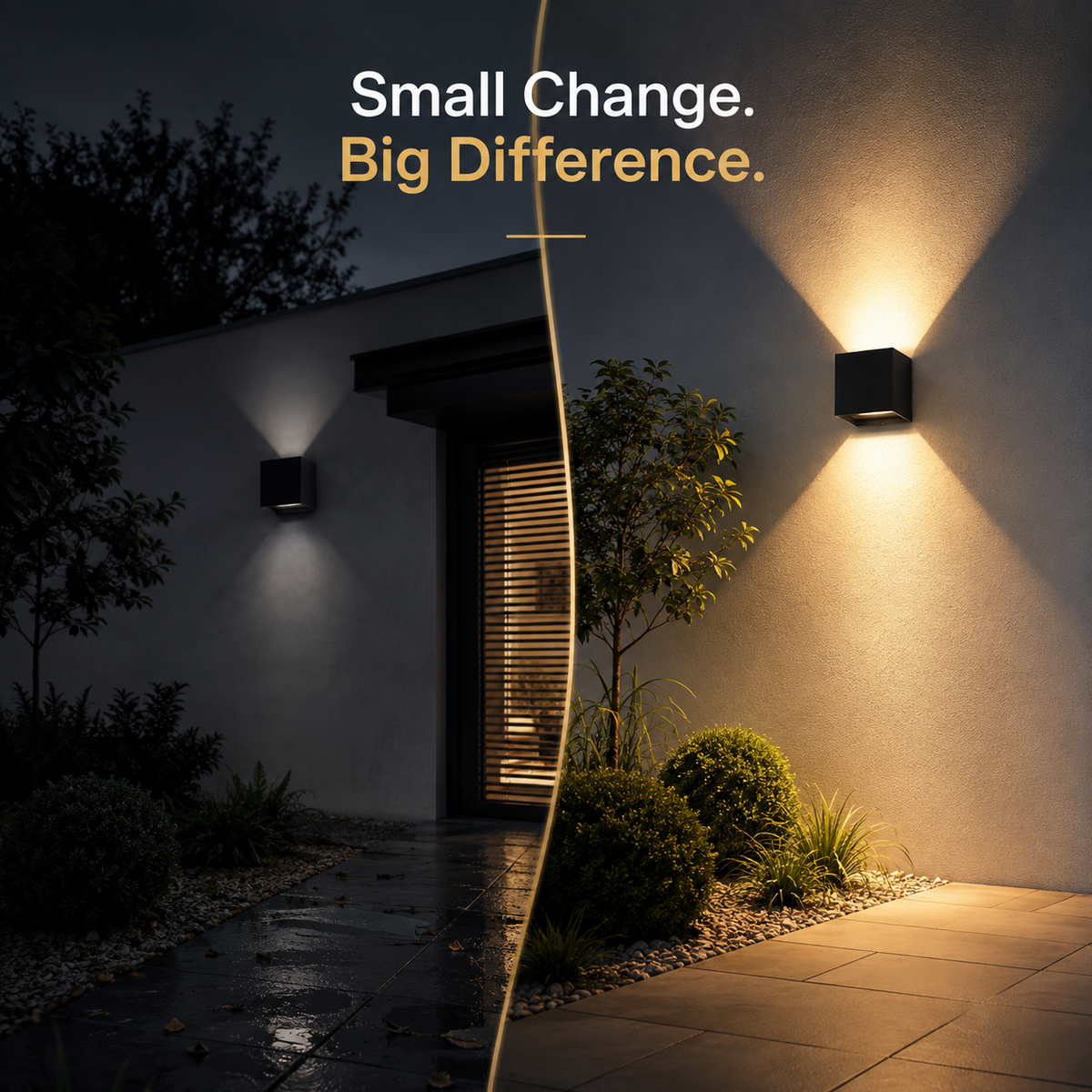 Two modern black outdoor wall sconces mounted on a house exterior at night, casting warm light beams onto the wall and walkway. The left sconce is off-center to the left, and the right sconce is centered to the right, with a diagonal split line dividing the composition.