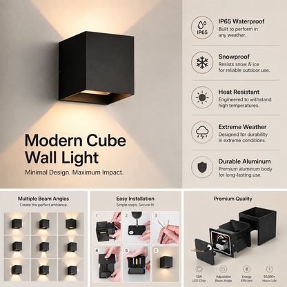 A promotional infographic for a modern cube wall light. The main visual is a black rectangular wall sconce mounted on a beige wall, casting warm light downward.