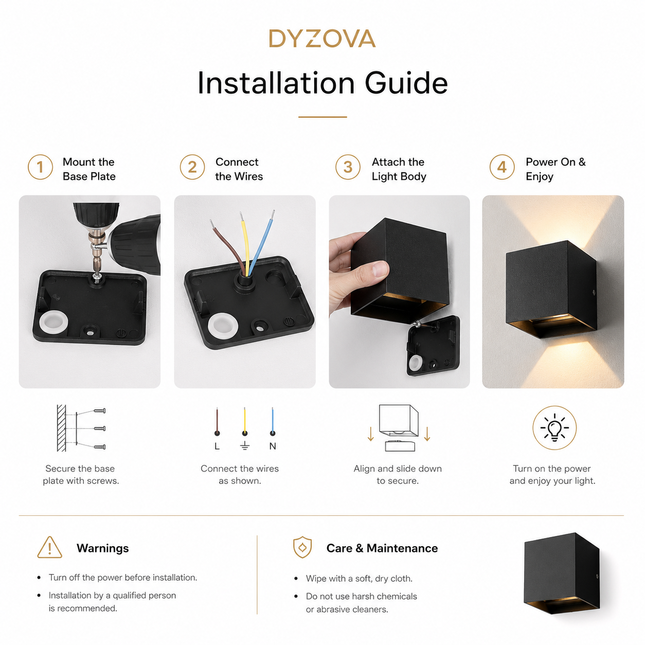 Installation guide infographic for a DYZOVA wall light, showing four numbered steps: mounting the base plate, connecting wires, attaching the light body, and powering on. Includes warnings and care & maintenance tips, with a small product photo in the bottom right corner.