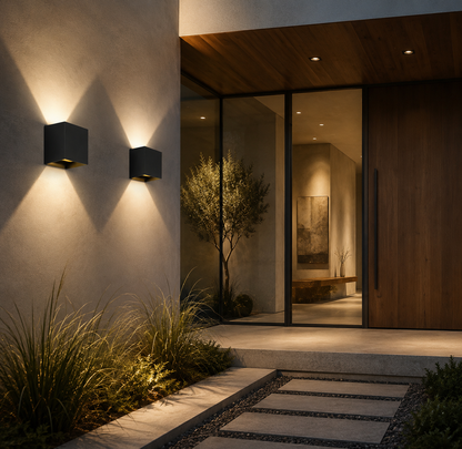 Two modern black rectangular wall sconces mounted on a beige stucco exterior wall, casting warm light downward and outward. The scene includes a glass entryway, wooden door, indoor tree, and stone walkway at dusk.