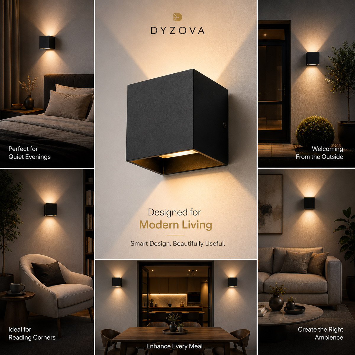 A six-panel promotional collage for the DYZOVA wall sconce, showing the black cube-shaped light fixture mounted above and beside beds, chairs, and a dining table in modern living spaces. The center panel features the DYZOVA brand name and the text 'Designed for Modern Living' with warm light glowing from the fixture.