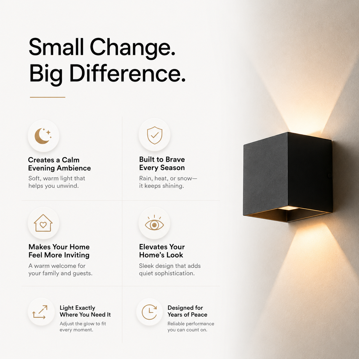 A modern black square wall sconce light fixture mounted on a beige wall, casting a warm glow upwards and downwards. The left side of the image features marketing text and icons describing the benefits of the light, such as creating a calm evening ambiance and making your home feel more inviting.