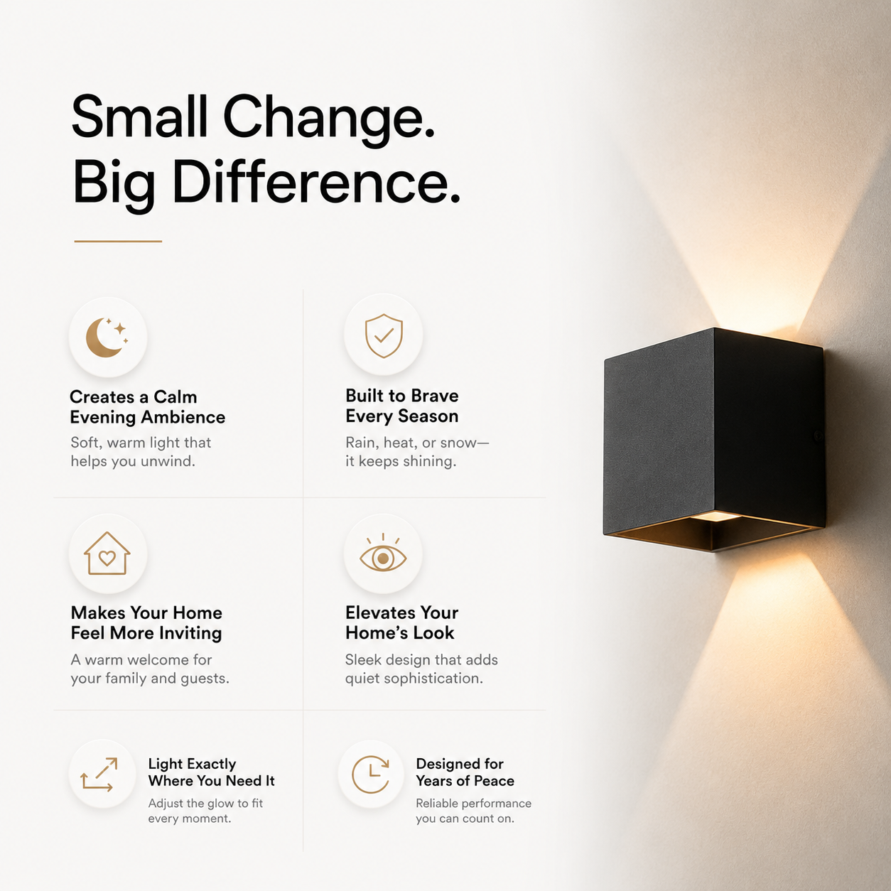 A modern black square wall sconce light fixture mounted on a beige wall, casting a warm glow upwards and downwards. The left side of the image features marketing text and icons describing the benefits of the light, such as creating a calm evening ambiance and making your home feel more inviting.