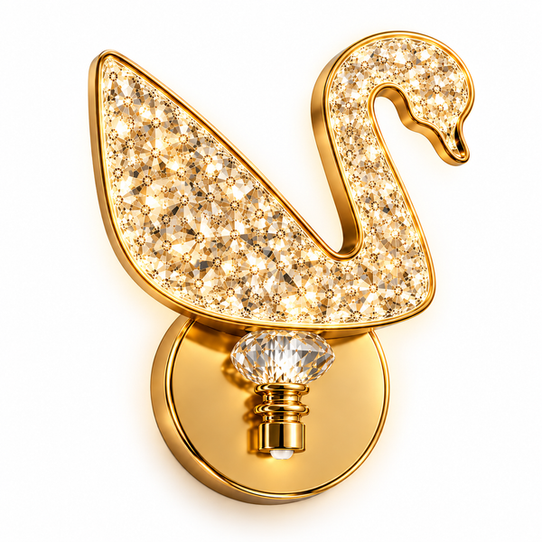 Gold-toned swan-shaped wall sconce embellished with sparkling clear crystals, mounted on a round backplate with a faceted crystal knob, shown on a white background.