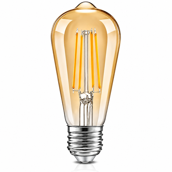 A single illuminated LED filament light bulb with a warm amber-yellow glow inside a clear glass envelope, featuring a silver-colored metal screw base on a clean white background.