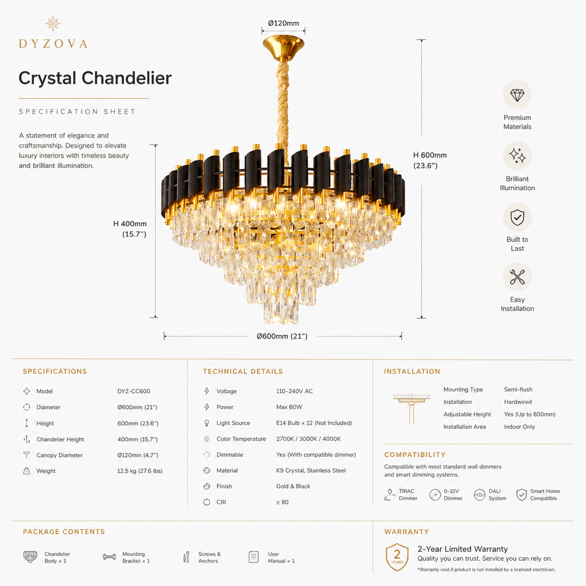 A specification sheet for the Dzyoza Crystal Chandelier, showing a labeled line drawing of the chandelier with dimensions, material specs, installation details, compatibility, and package contents on a white background.