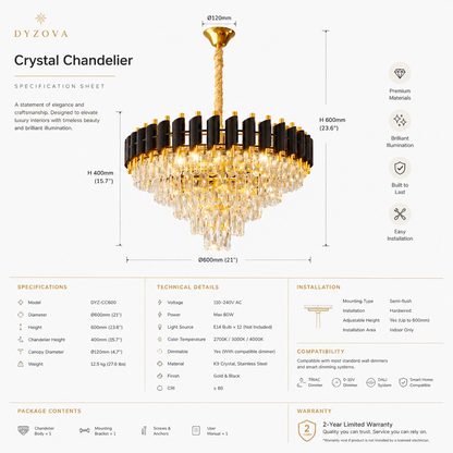 A specification sheet for the Dzyoza Crystal Chandelier, showing a labeled line drawing of the chandelier with dimensions, material specs, installation details, compatibility, and package contents on a white background.
