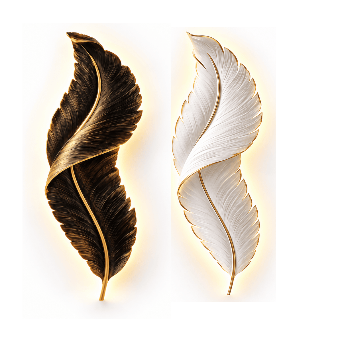 Two decorative feather wall sconces on a white background, one in dark brown with gold trim and one in white with gold trim, both emitting a warm glow.