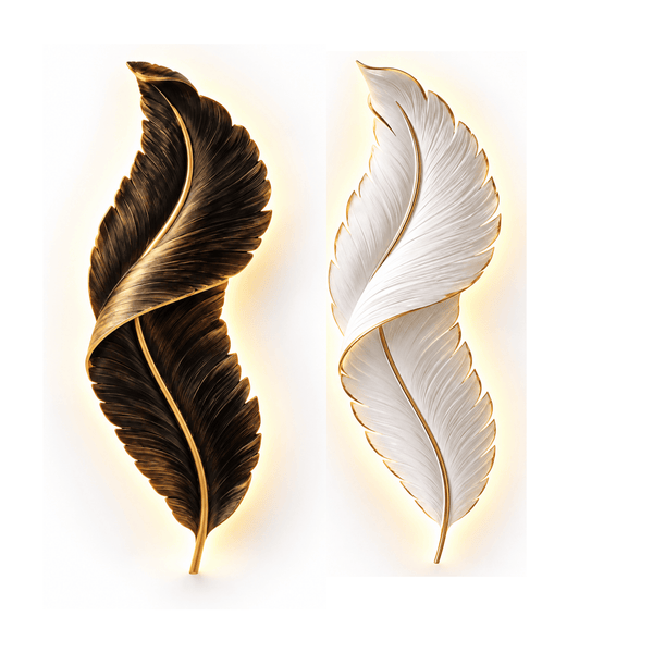 Two decorative feather wall sconces on a white background, one in dark brown with gold trim and one in white with gold trim, both emitting a warm glow.