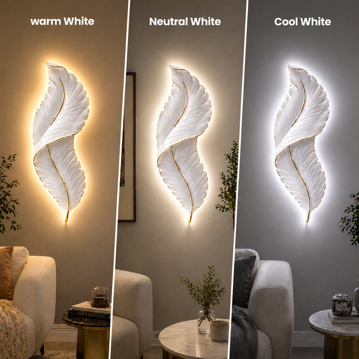 Three wall lights with different color temperatures in a living room setting.