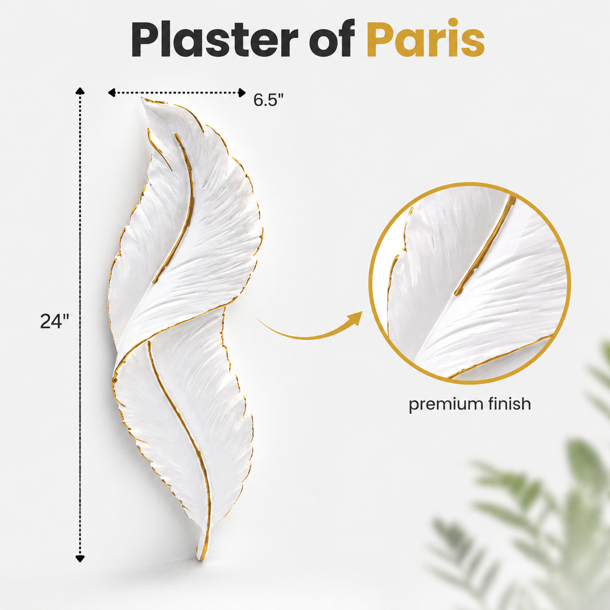 Decorative leaf sculpture with measurements and 'Plaster of Paris' branding on a white background.